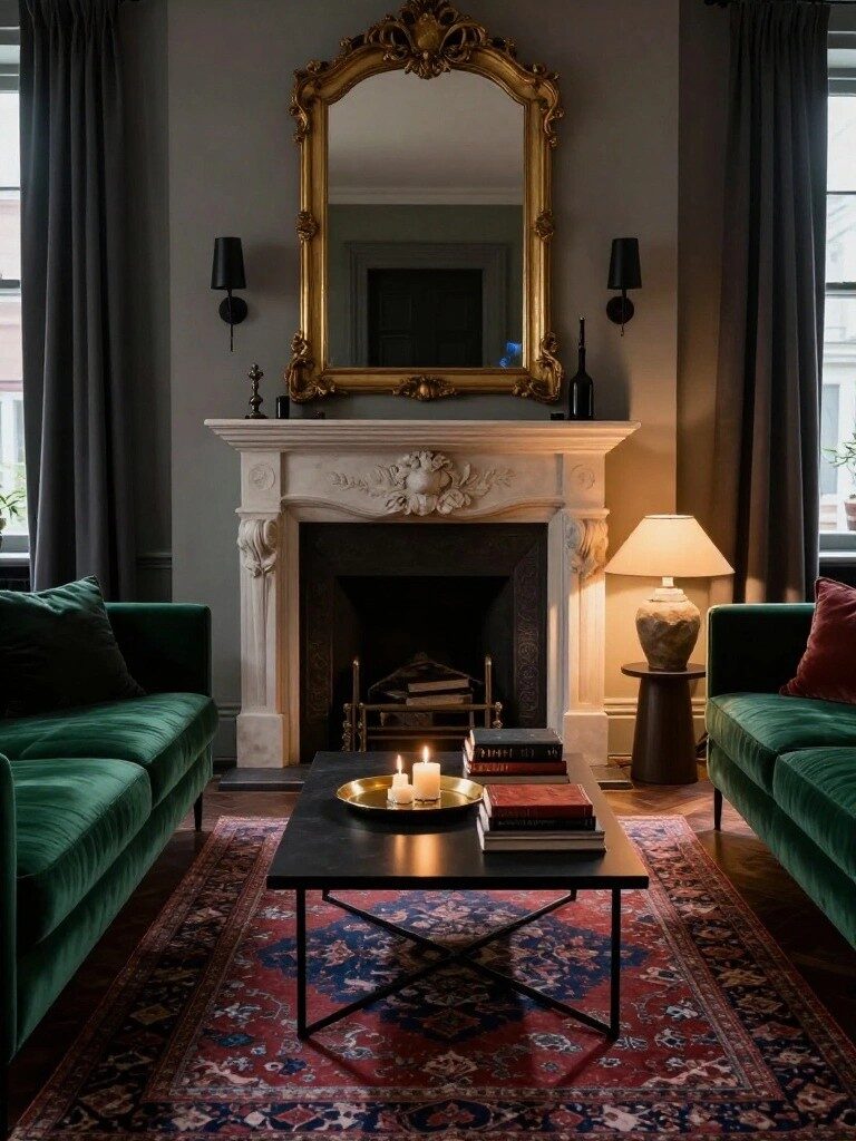 Green Velvet Sofas Warm Traditional Living Rooms