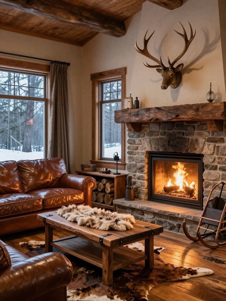 Rustic Cabin Living Room with Stone Fireplace