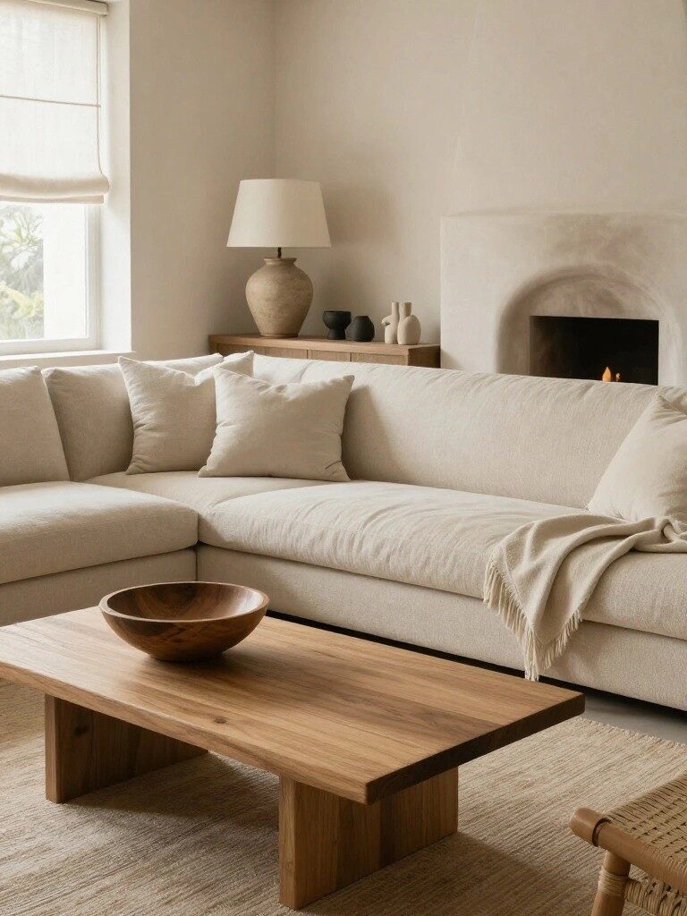 Soft Beige Living Room with Wood Accents