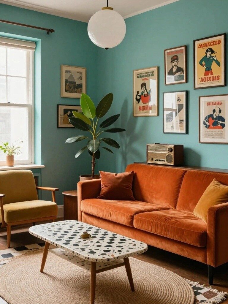 Teal Walls with Orange Sofa