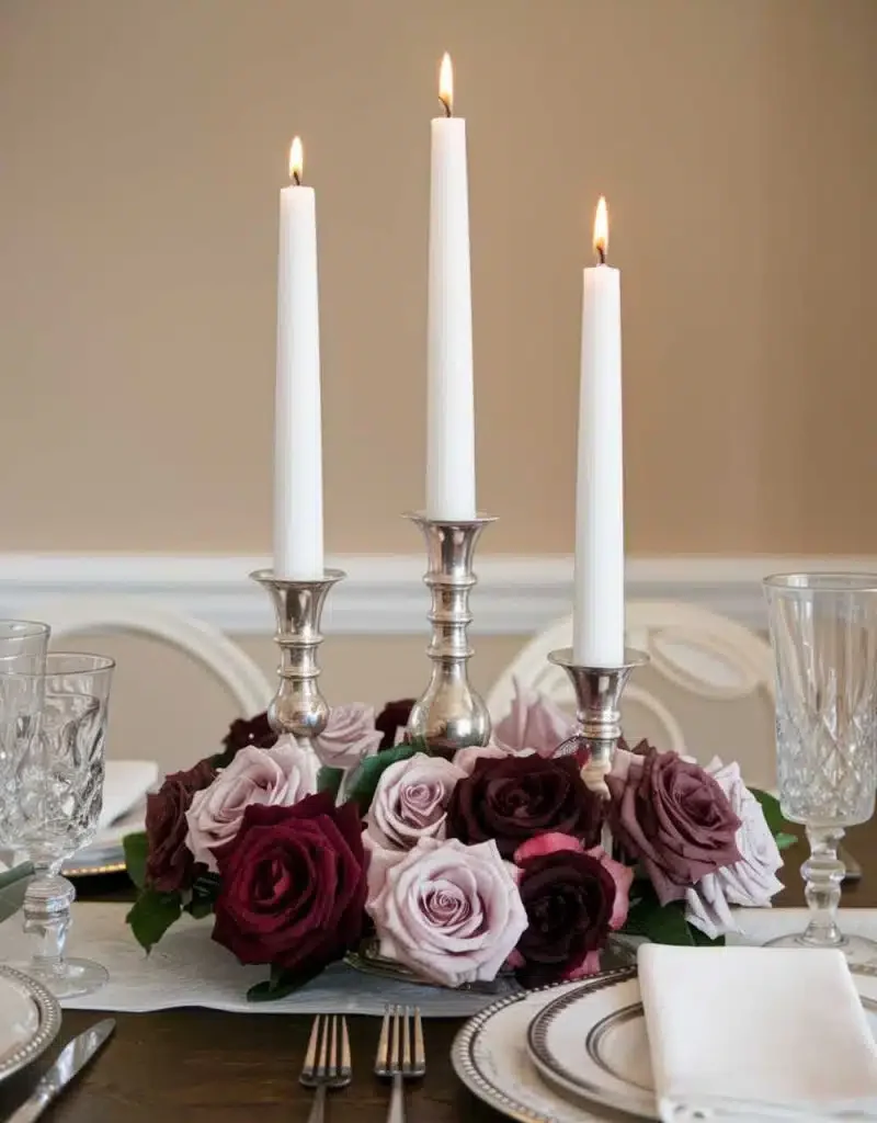 Kitchen Cozy Candle Centerpiece Ideas - Candles with Rosy Floral Centerpiece