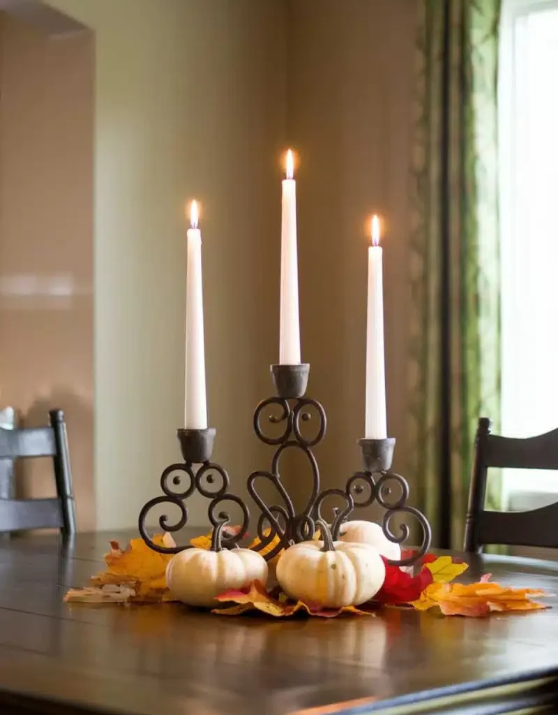 Kitchen Cozy Candle Centerpiece Ideas - Fall Leaves & Pumpkins Centerpiece