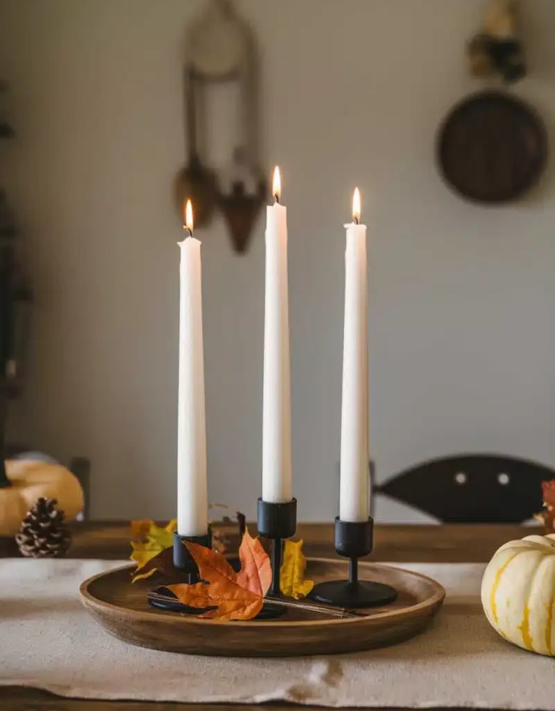 Kitchen Cozy Candle Centerpiece Ideas - Fall Tray with Leaves & Pumpkin