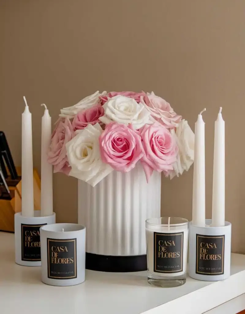 Kitchen Cozy Candle Centerpiece Ideas - Fluted Vase with Pink Roses