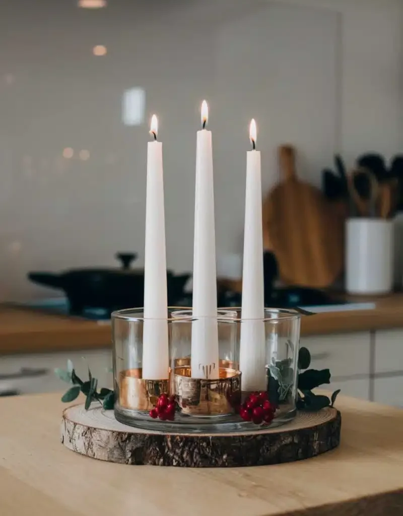 Kitchen Cozy Candle Centerpiece Ideas - Glass Holder Candles with Red Berries