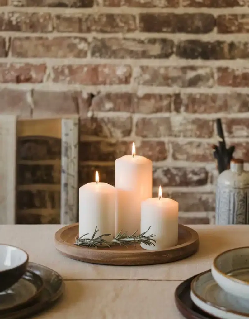 Kitchen Cozy Candle Centerpiece Ideas - Rustic Tray Candles with Brick Backdrop
