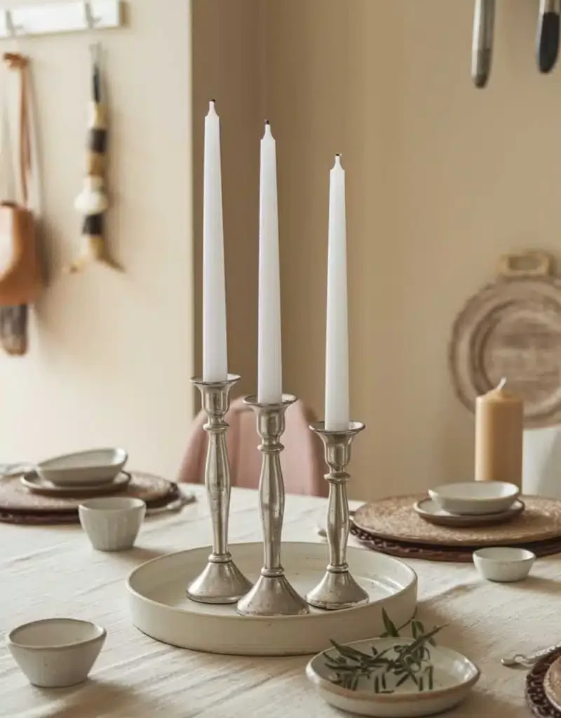 Kitchen Cozy Candle Centerpiece Ideas - Tall Silver Holder Candles