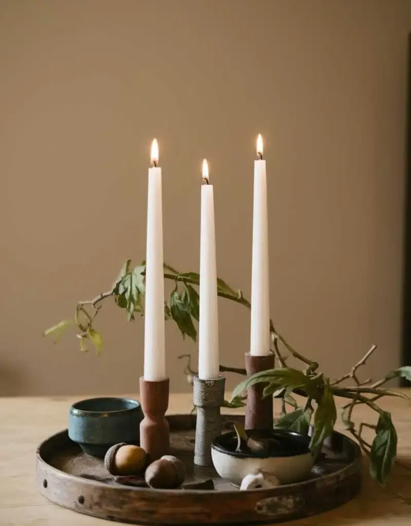 Kitchen Cozy Candle Centerpiece Ideas - Tray Candles with Nuts & Twig