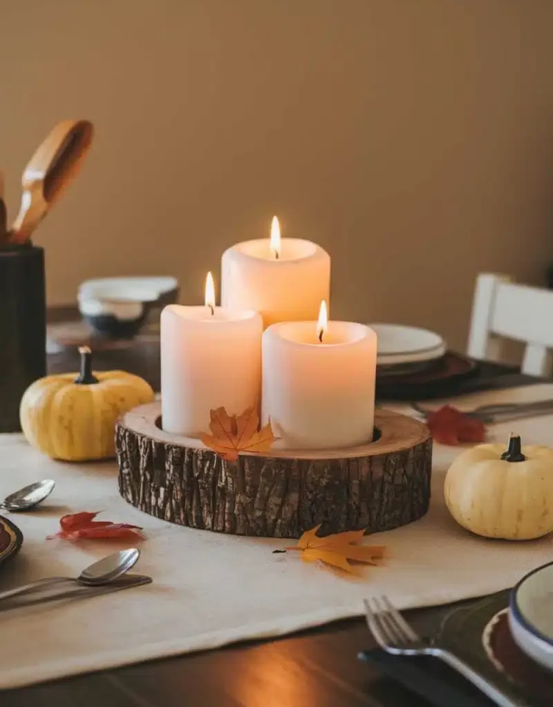 Kitchen Cozy Candle Centerpiece Ideas - Wooden Base Candles with Mini Pumpkins