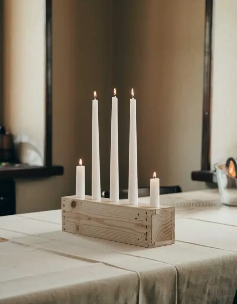 Kitchen Cozy Candle Centerpiece Ideas - Wooden Holder Candles on Beige Cloth