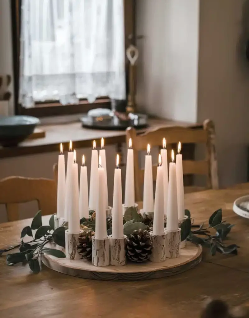 Kitchen Cozy Candle Centerpiece Ideas - Wooden Tray with Pinecones & Greenery