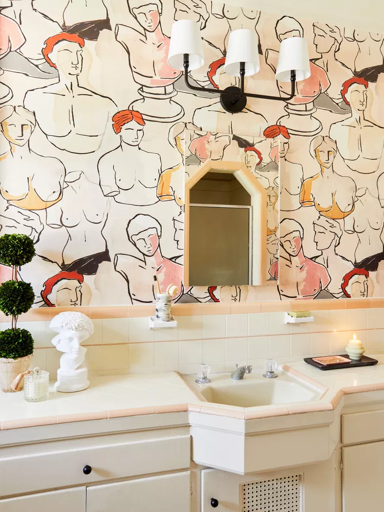 Hexagon sink with eclectic wallpaper and vintage vanity - Design: Caitlin Higgins for Emily Henderson Design / Photographer: Sara Ligorria-Tramp