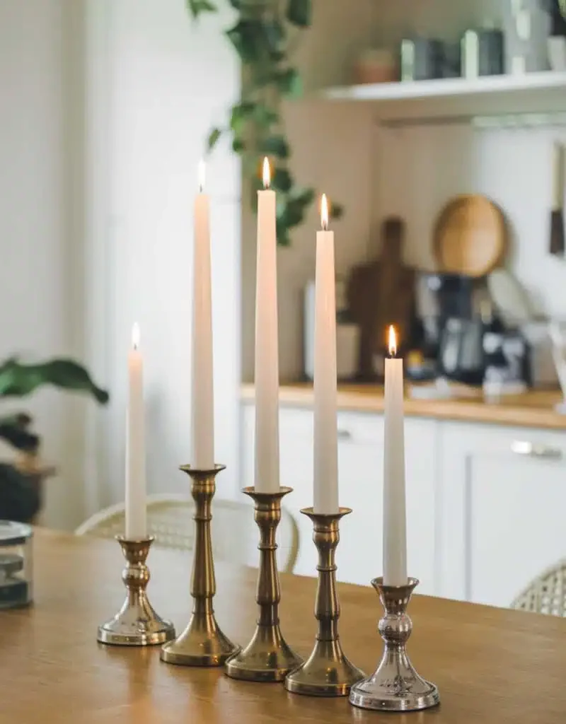kitchen table centerpiece with candles - Brass & Silver Five-Candle Glow