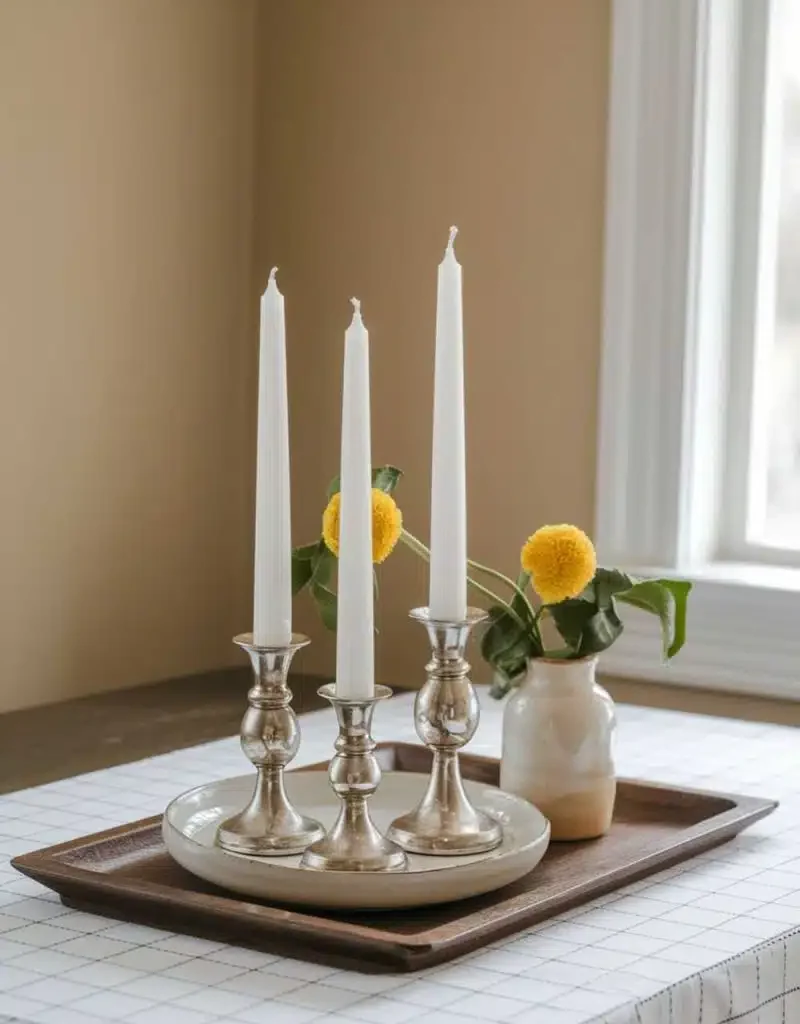 kitchen table centerpiece with candles - Candles & Yellow Blooms Tray