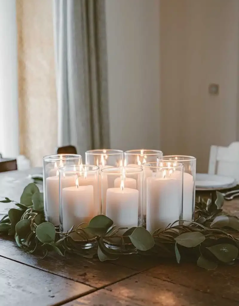kitchen table centerpiece with candles - Glass Hurricane Candles with Eucalyptus