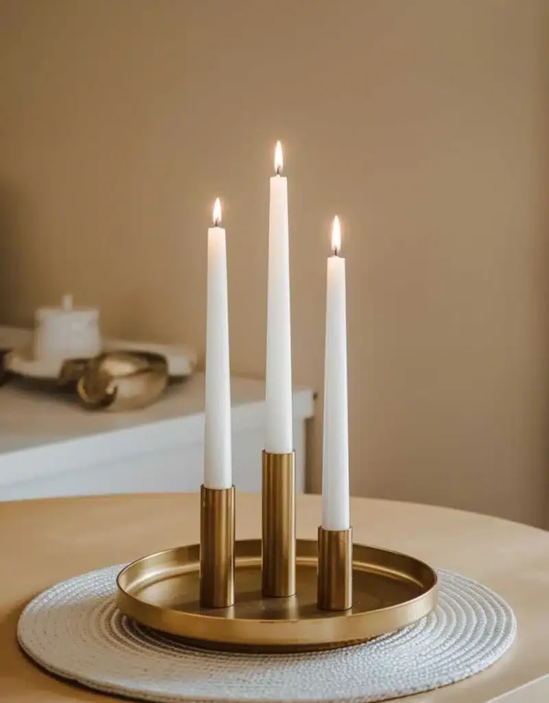 kitchen table centerpiece with candles - Golden Taper Trio on Woven Mat