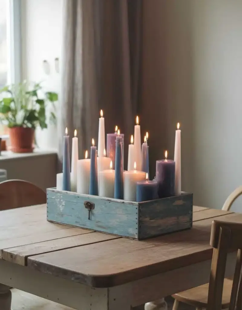 kitchen table centerpiece with candles - Wooden Box Candle Cluster