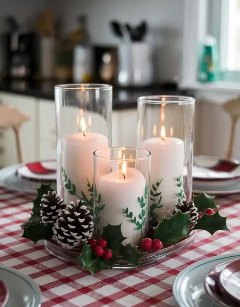 kitchen table centerpiece with candles