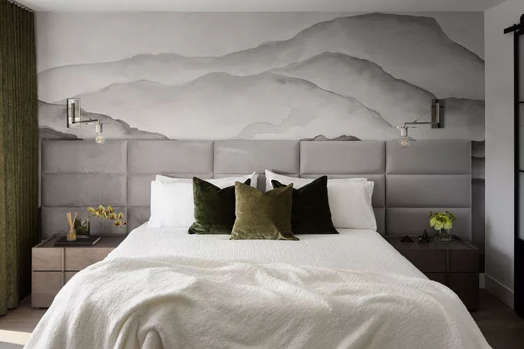 Gray and White Bedroom Ideas for a Timeless, Calming Space-11 Display a Nature-Inspired Mural