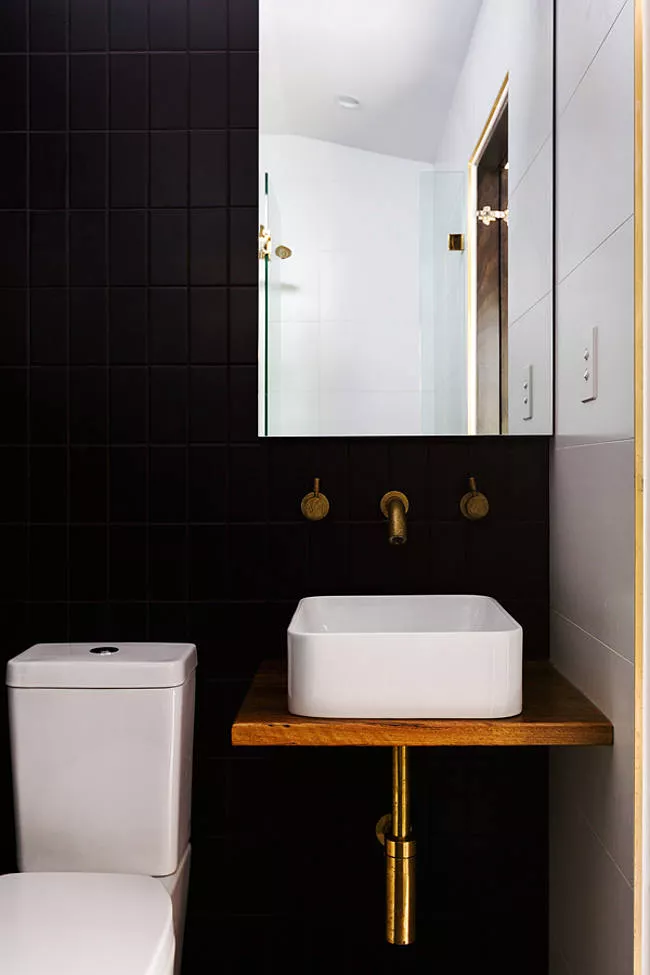 Black Bathroom Ideas for a Chic, Moody Space-Use Brass Hardware