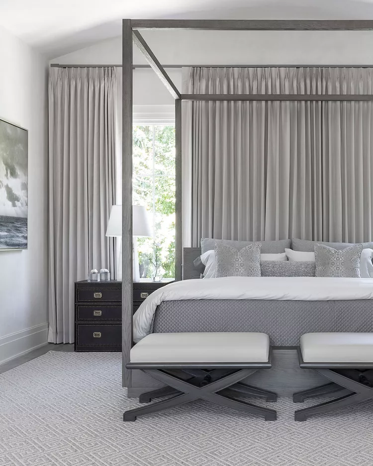 Gray and White Bedroom Ideas for a Timeless, Calming Space-13 Hang Gray Curtains Behind the Bed