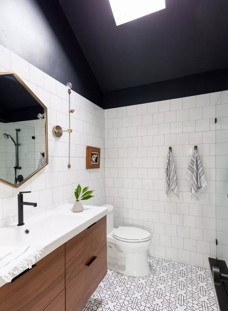 Black Bathroom Ideas for a Chic, Moody Space-Paint the Ceiling