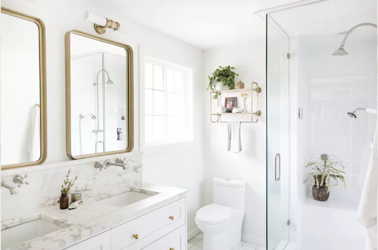 25 White and Gold Bathroom Ideas for a Luxe Look-17 Gold Shelves