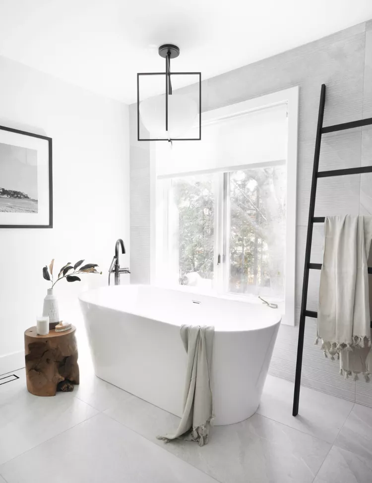 White Bathroom Ideas That Are Simple 02 Craft a Textured Accent Wall