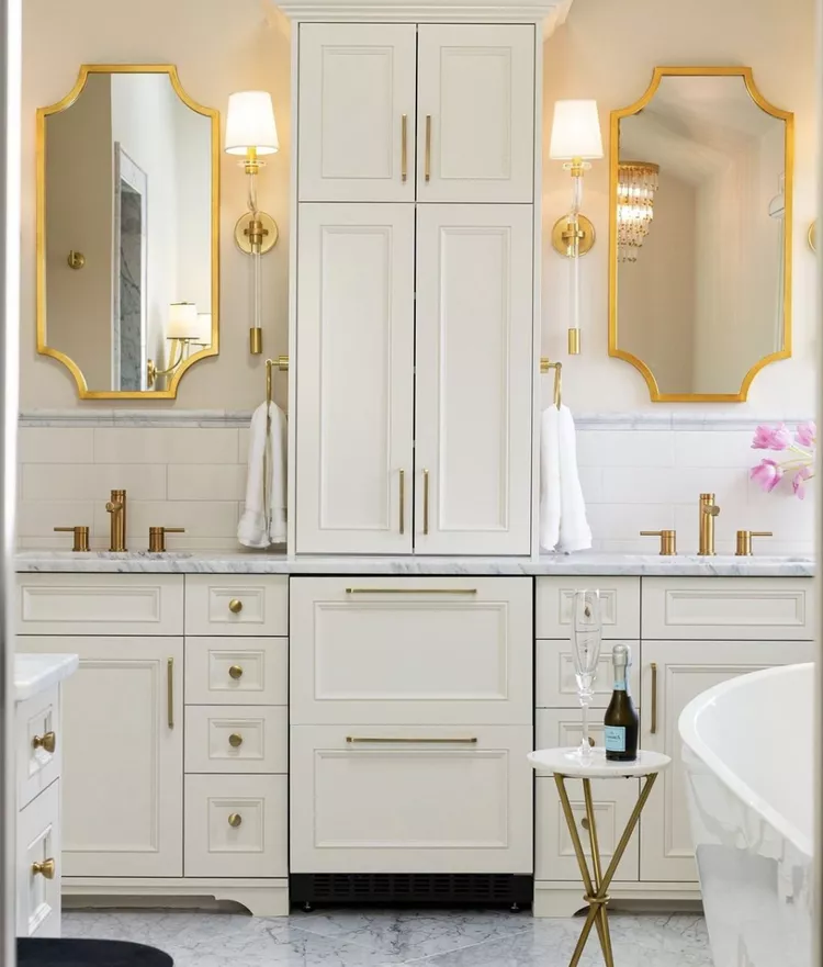 25 White and Gold Bathroom Ideas for a Luxe Look-21 Tufted Cabinets With Contemporary Accents