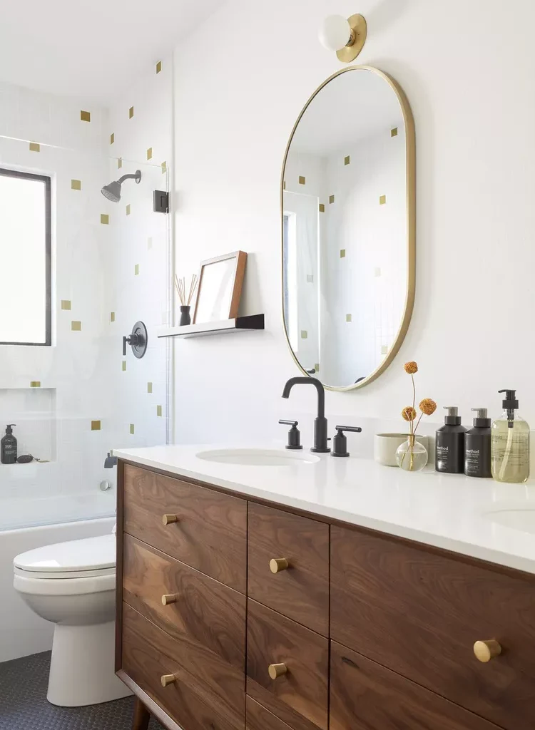 Midcentury Modern Bathroom Ideas-06 Hang a Brass Mirror