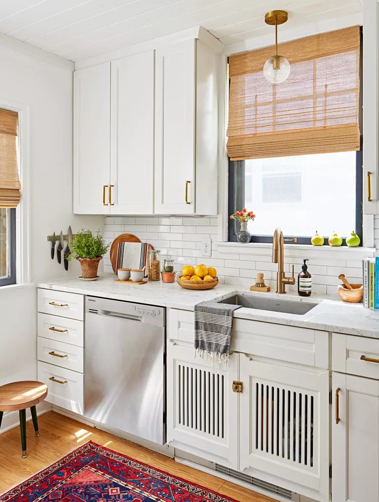 14 Small Galley Kitchen Ideas to Maximize a Tight Space -03 Sleek Hardware and Natural Textures
