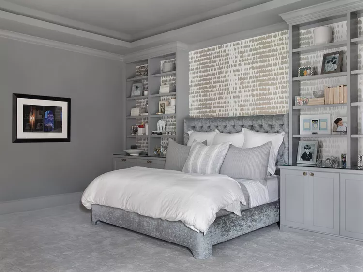 Gray and White Bedroom Ideas for a Timeless, Calming Space-30 Paint Your Built-in Shelving