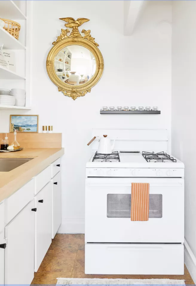 34 White and Gold Kitchen Ideas for a Luxe-33 White and Gold Kitchen With Butcher Block Countertops