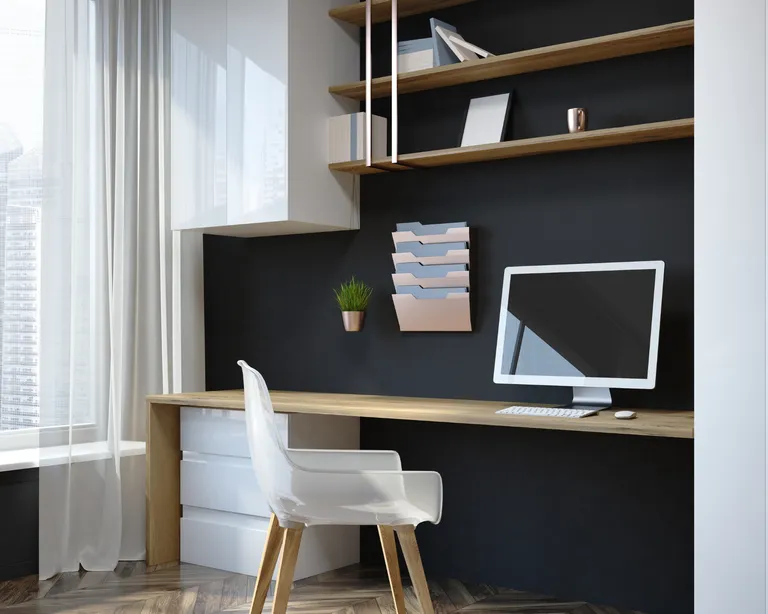 small-office-layout-ideas-Save Space With a Floating Desk and Chair on Wheels