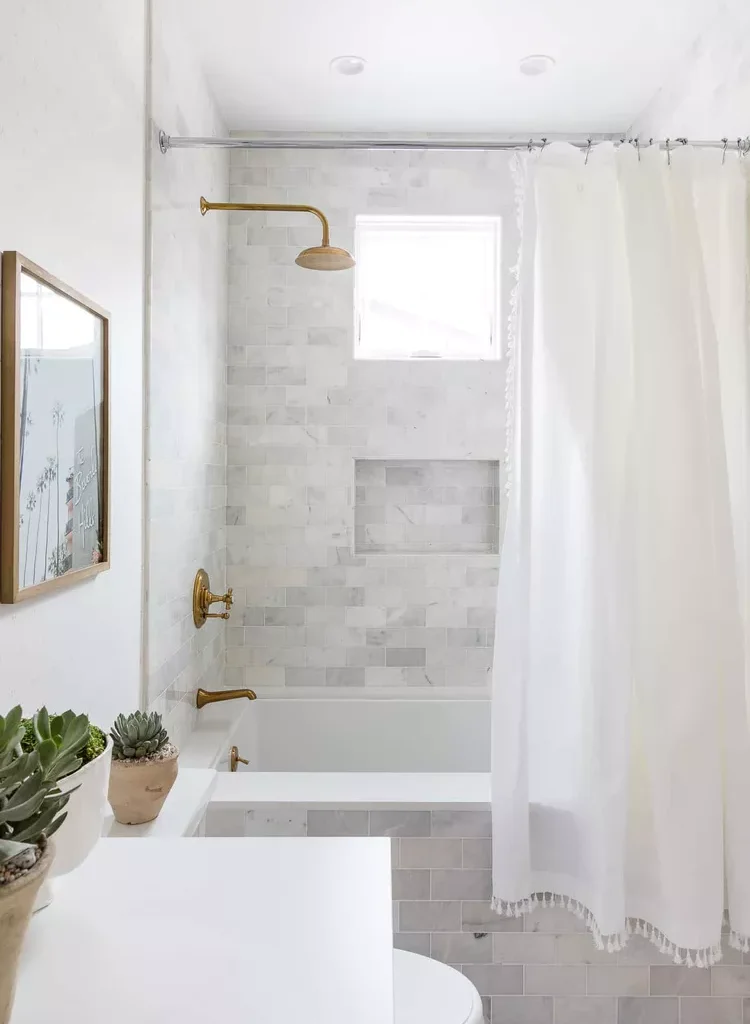  White Bathroom Ideas 04 Invest in a Striking Shower Curtain