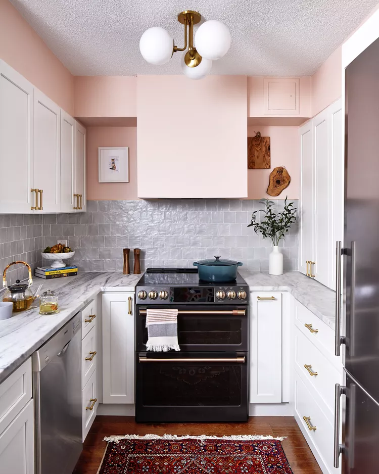 14 Small Galley Kitchen Ideas to Maximize a Tight Space -05 Playful Color, Texture, and Pattern